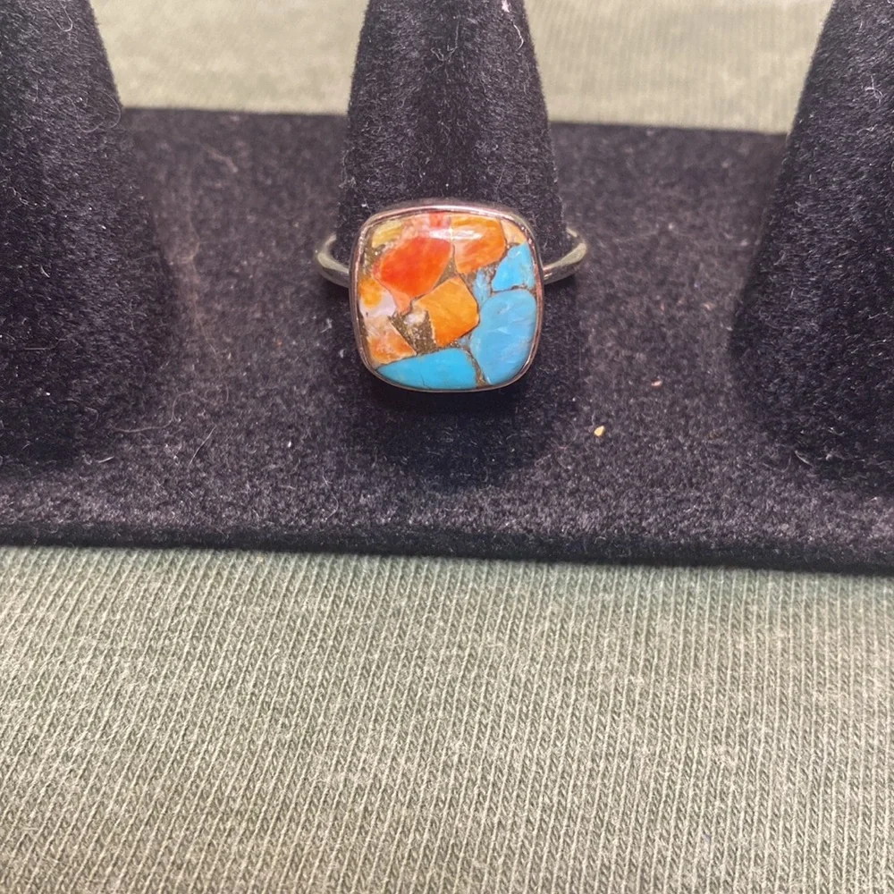 Solid Sterling Silver Spiny Turquoise Ring - Picture 2 of 4